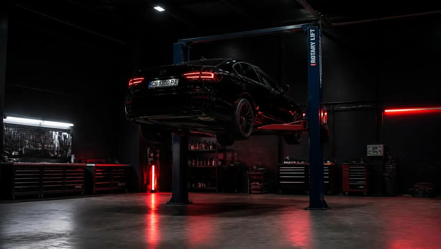 Schwarze Limousine auf der Hebebühne in der Werkstatt von Ferarita Autoservice