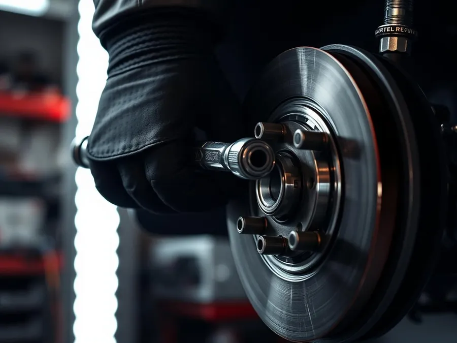 Mechaniker arbeitet mit Drehmomentschlüssel an einer Bremsscheibe